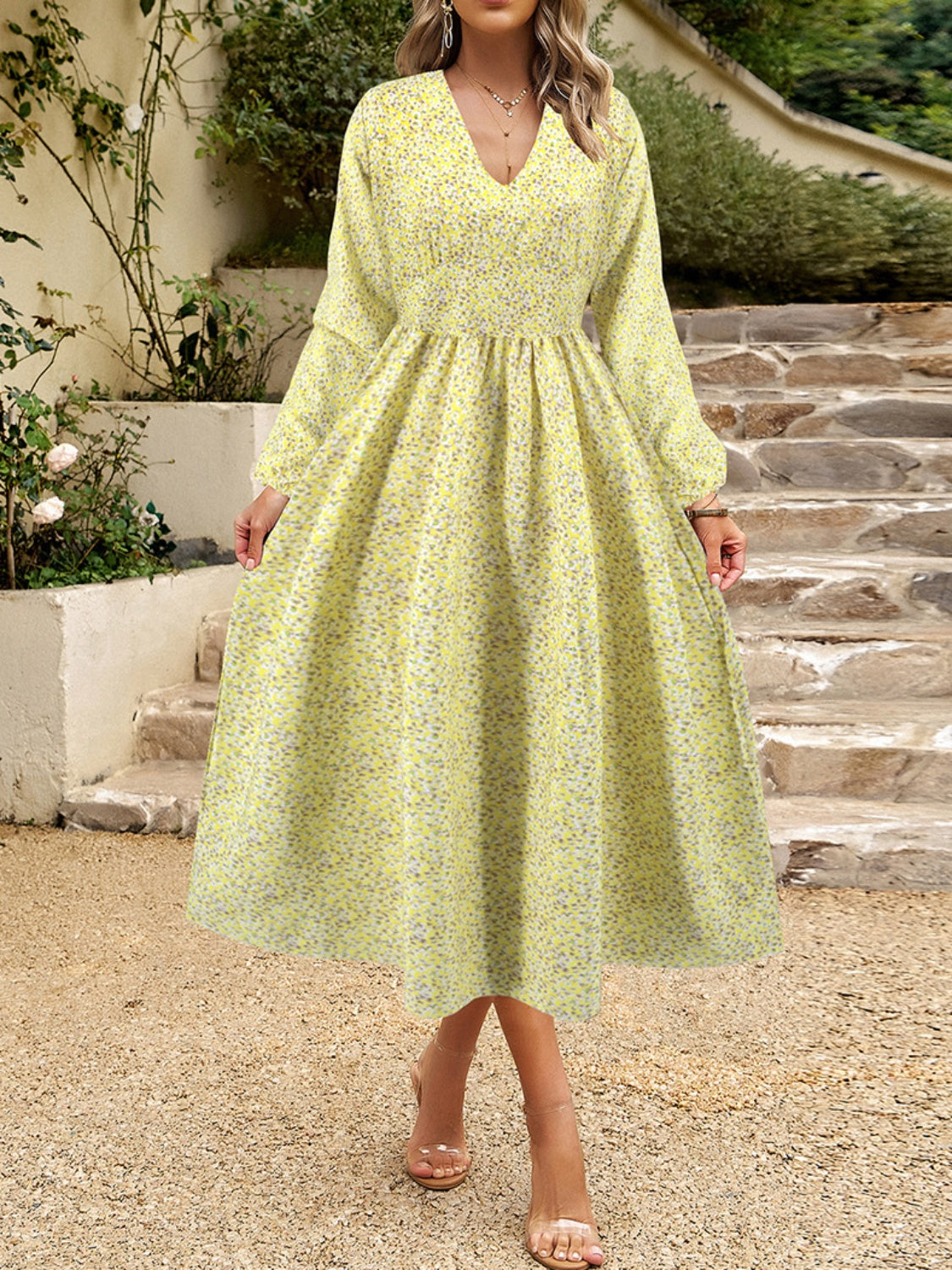 Floral V-Neck Long Sleeve Midi Dress - Classique Collection