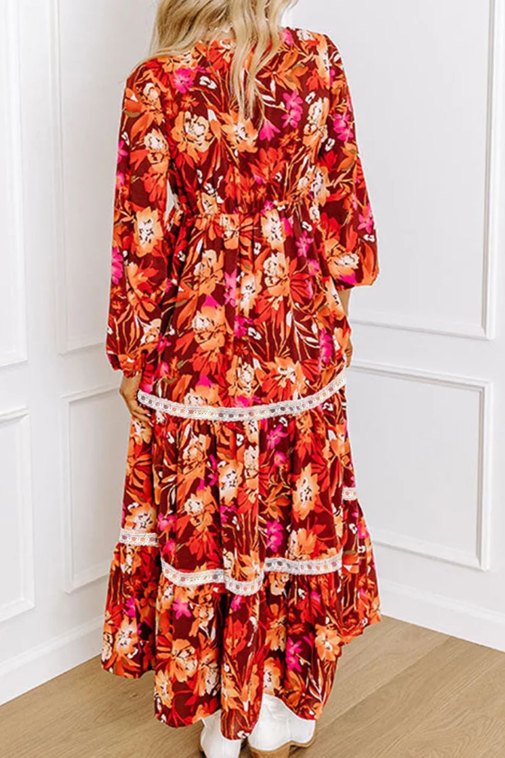 Printed V-Neck Long Sleeve Midi Dress - Classique Collection