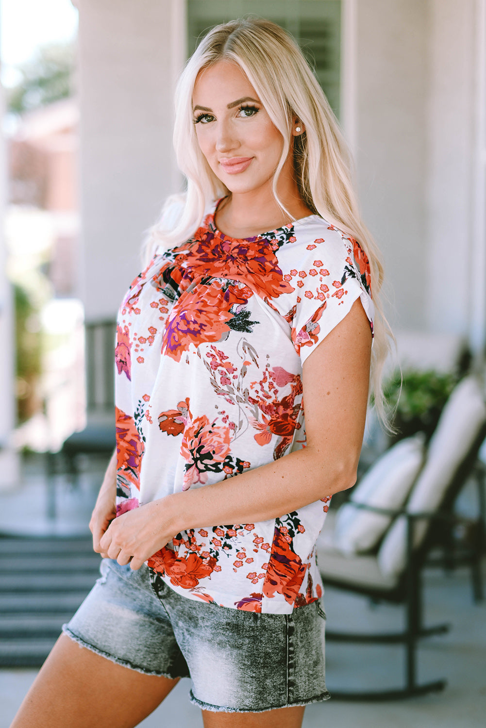 Floral Round Neck Short Sleeve Top - Classique Collection