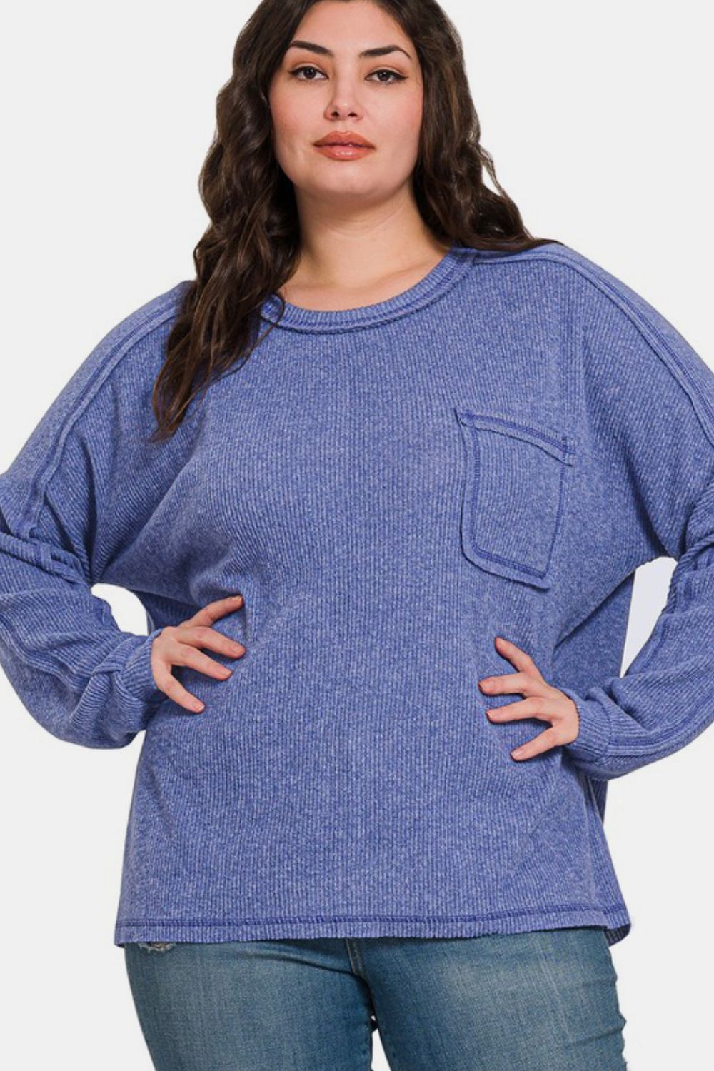 Zenana Full Size Contrast Stitching Brushed Ribbed Hacci Knit Top - Classique Collection