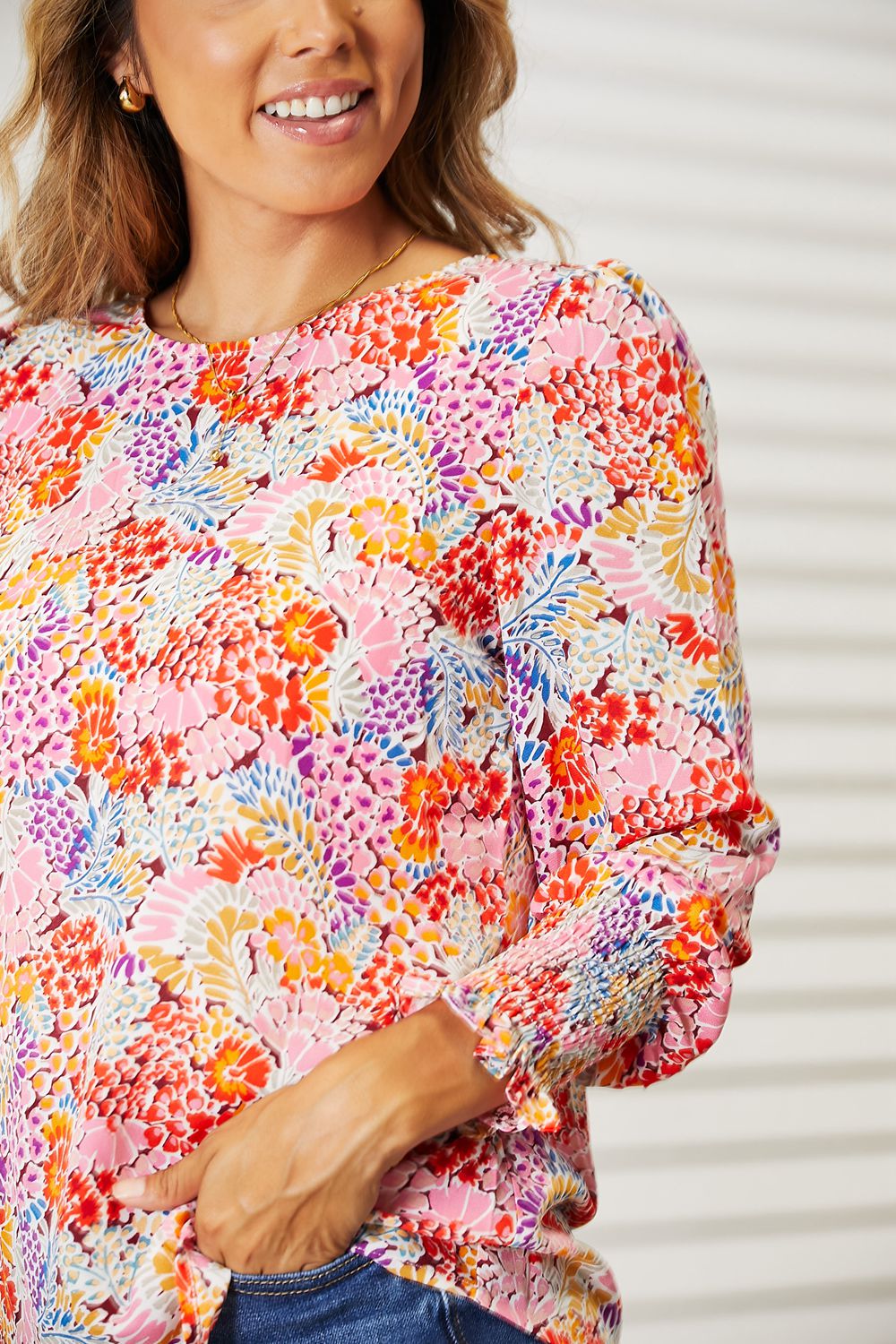 Double Take Floral Print Long Puff Sleeve Blouse - Classique Collection