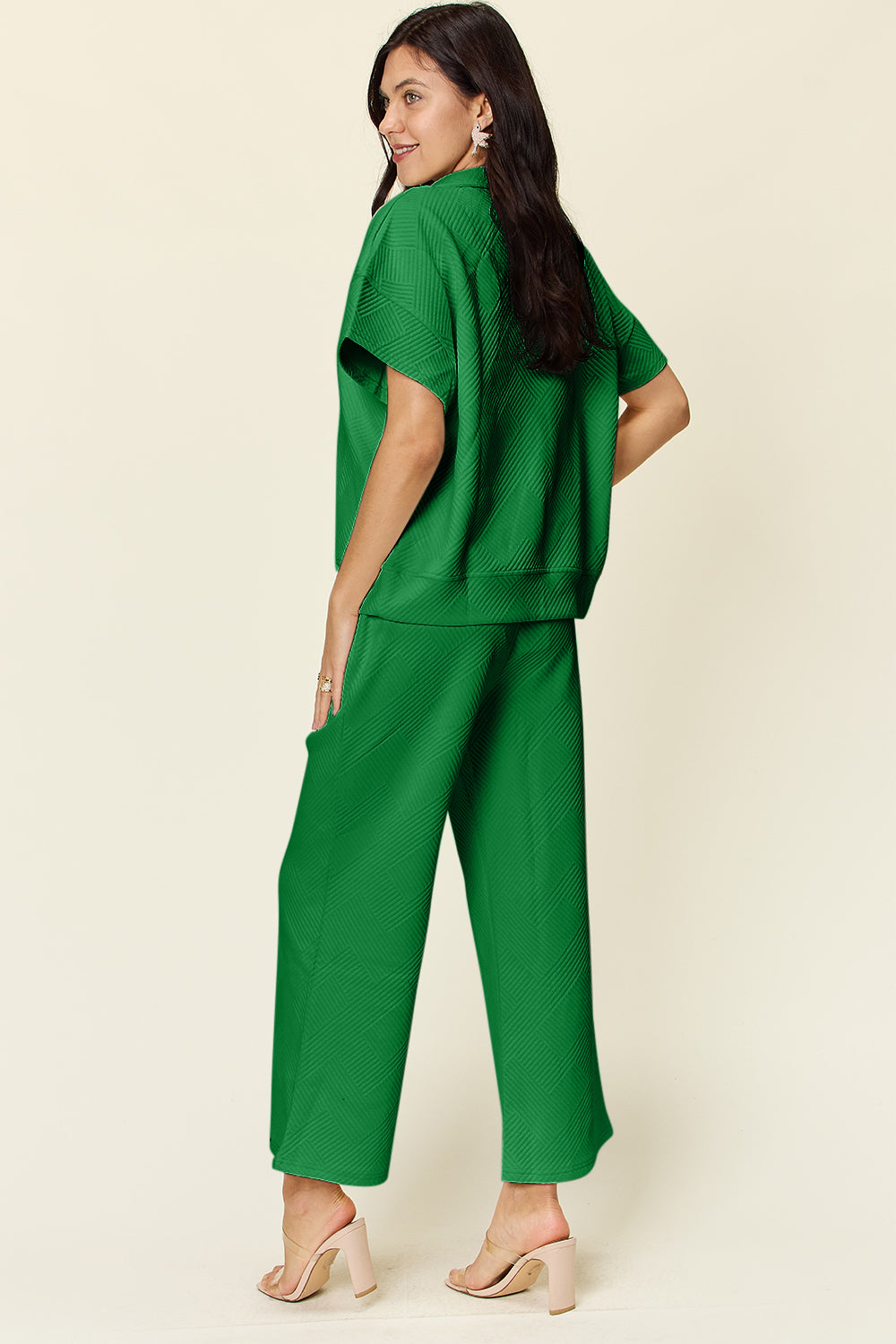 Double Take Full Size Texture Half Zip Short Sleeve Top and Pants Set - ClassiQ