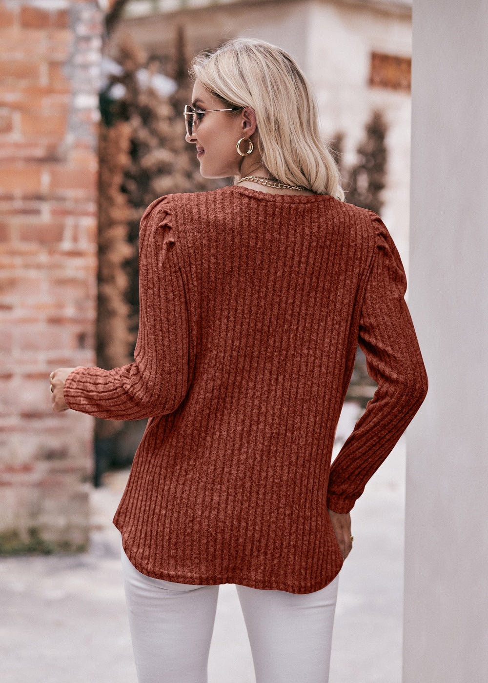 Mandy Round Neck Puff Sleeve Ribbed Top - Classique Collection