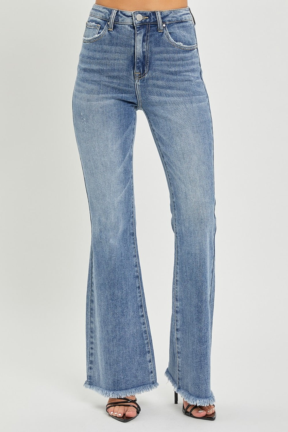 RISEN Full Size High Waist Raw Hem Flare Jeans - Classique Collection