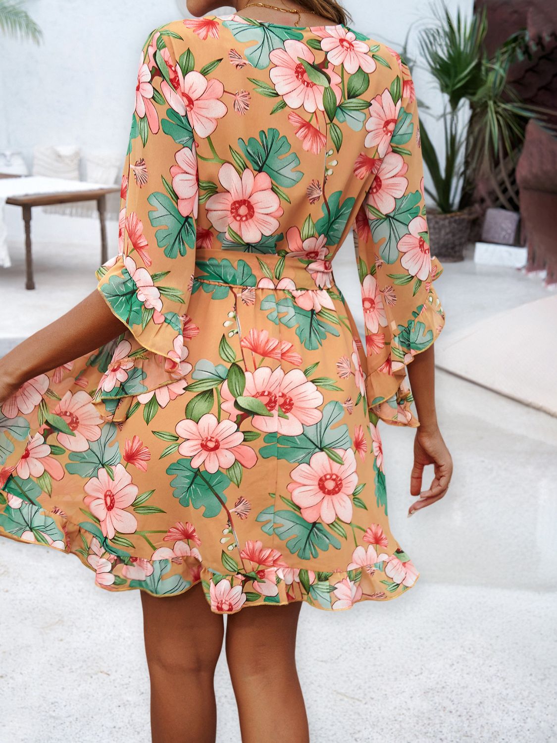 Devine Ruffled Printed Surplice Half Sleeve Mini Dress - Classique Collection