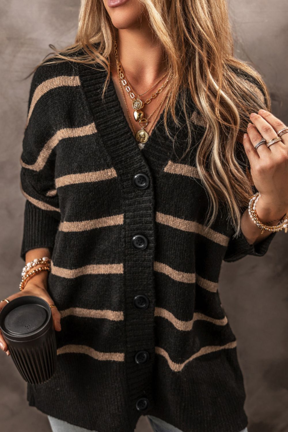 Striped Button Down Long Sleeve Cardigan - ClassiQ
