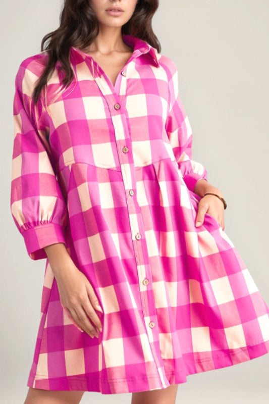 Ruched Plaid Three-Quarter Sleeve Shirt Dress - Classique Collection