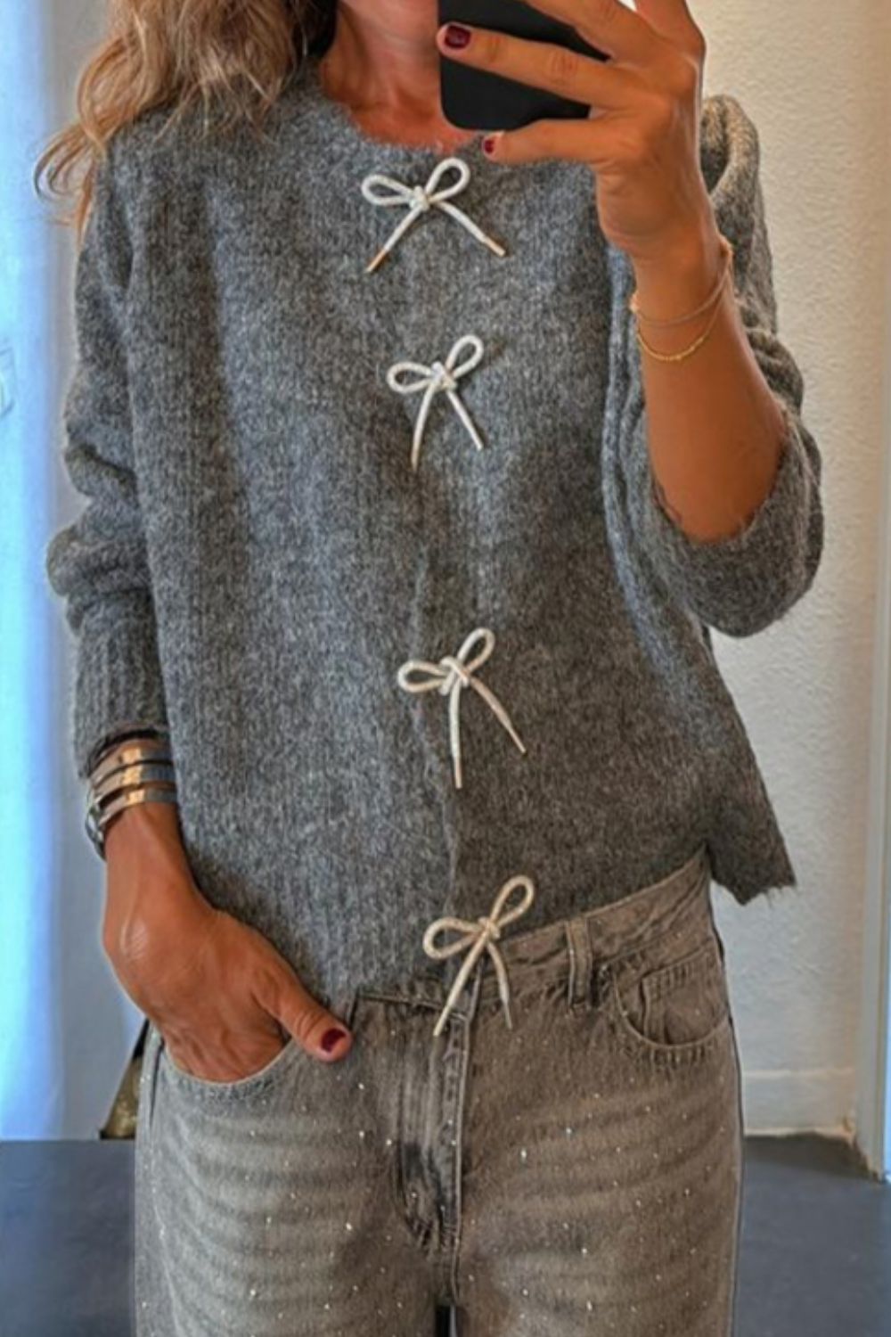 Bow Round Neck Long Sleeve Cardigan - ClassiQ