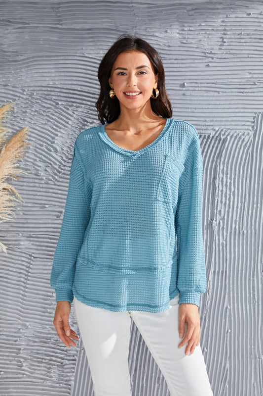 Waffle-Knit V-Neck Blouse with Breast Pocket - Classique Collection