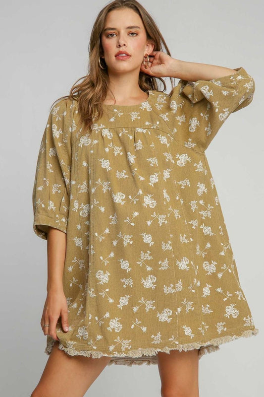 Umgee Raw Hem Floral Print Round Neck Denim Dress - Classique Collection