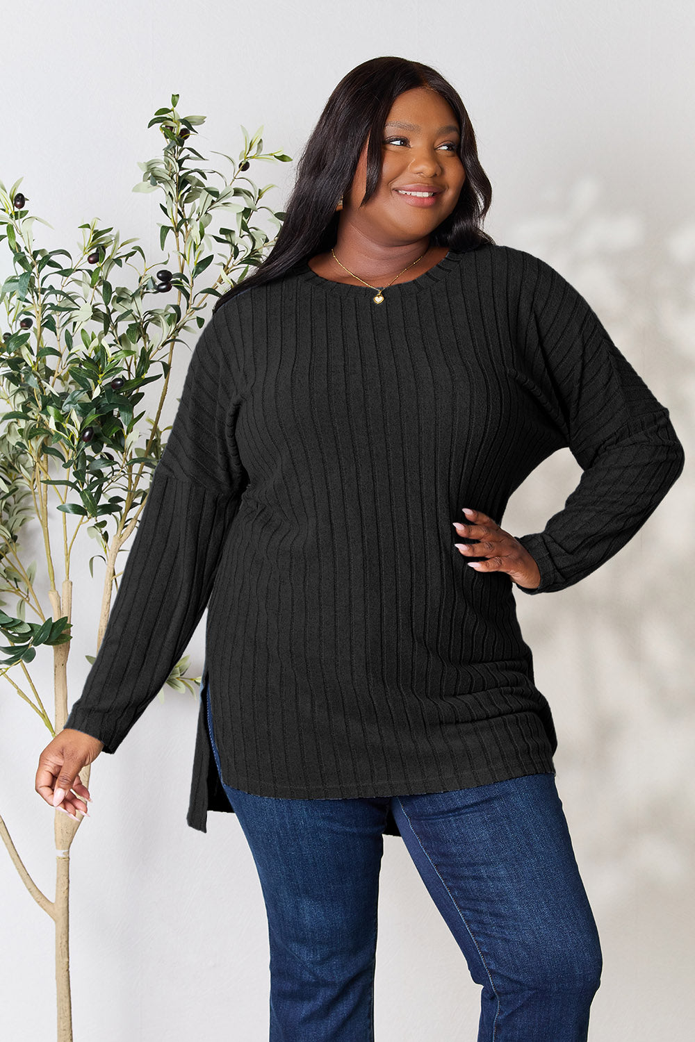 Basic Bae Full Size Ribbed Round Neck Long Sleeve Slit Top - Classique Collection