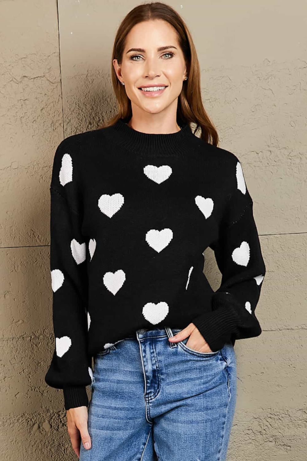 Woven Right Heart Pattern Lantern Sleeve Round Neck Tunic Sweater - ClassiQ