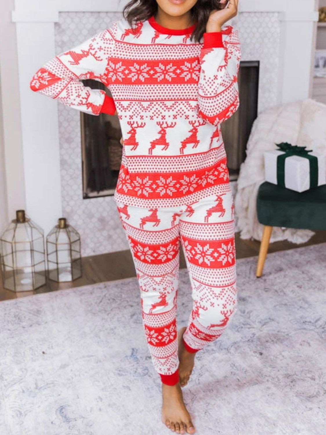 Full Size Christmas Element Round Neck Top and Pants Set - ClassiQ