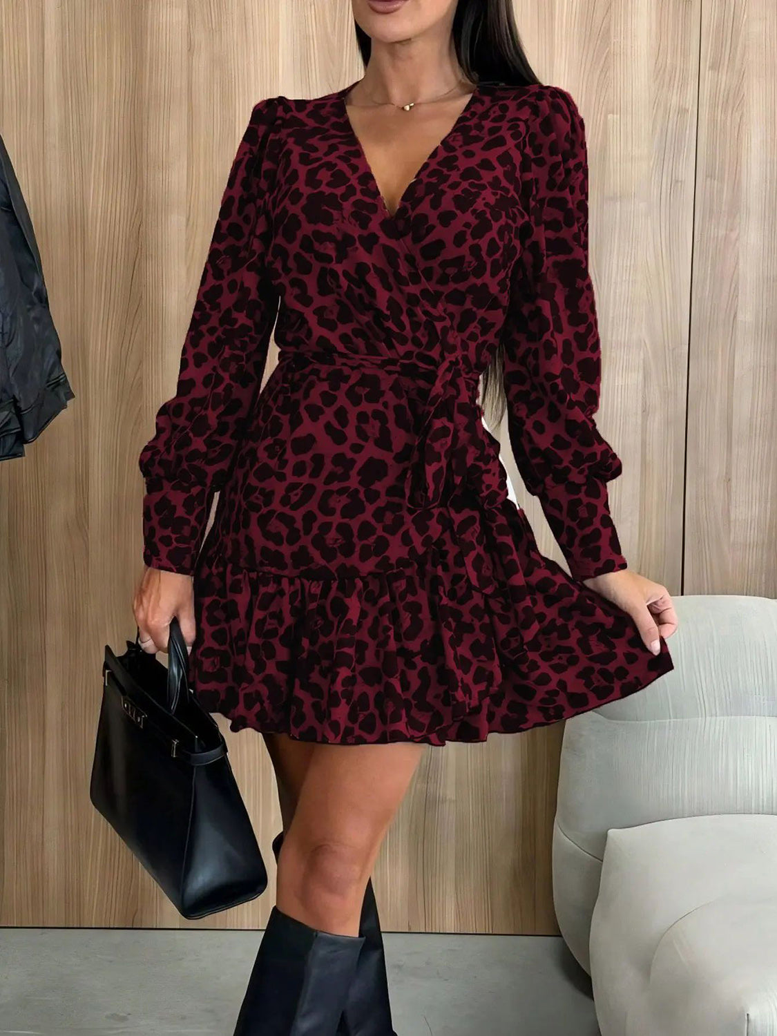 Tied Leopard Surplice Long Sleeve Dress - Classique Collection