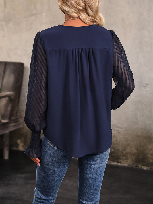 Perfee V-Neck Long Mesh Sleeve Top - Classique Collection