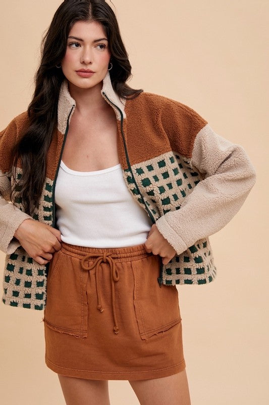 Annie Wear Plaid Zip Up Drop Shoulder Sherpa Jacket - ClassiQ