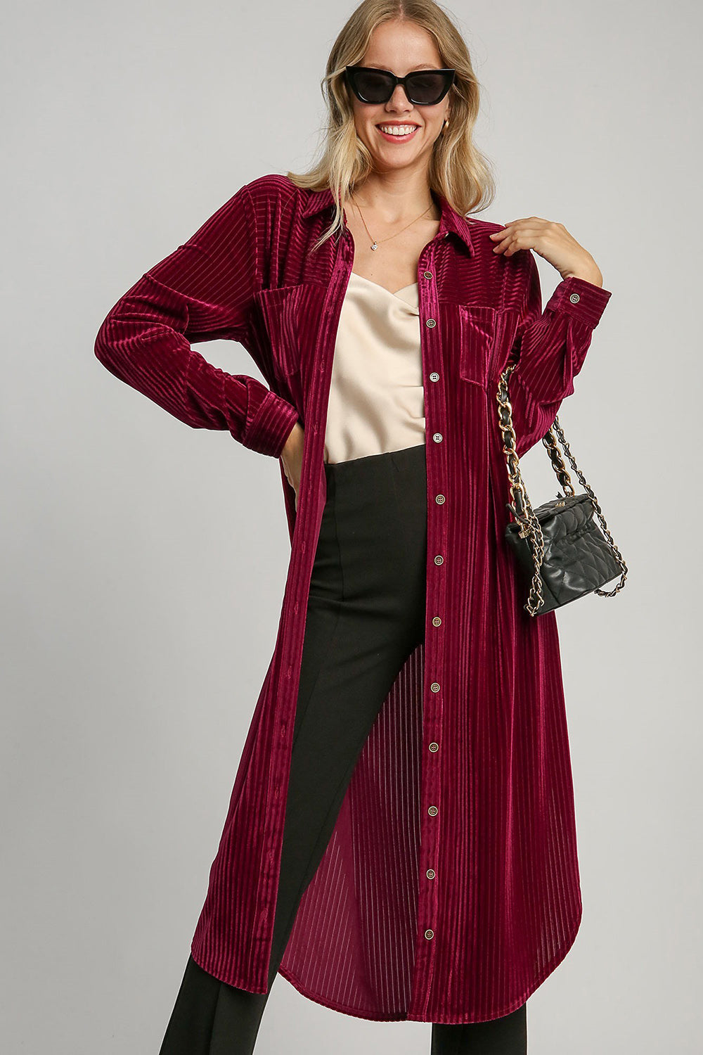 Umgee Texture Curved Hem Button Down Shirt Dress - Classique Collection