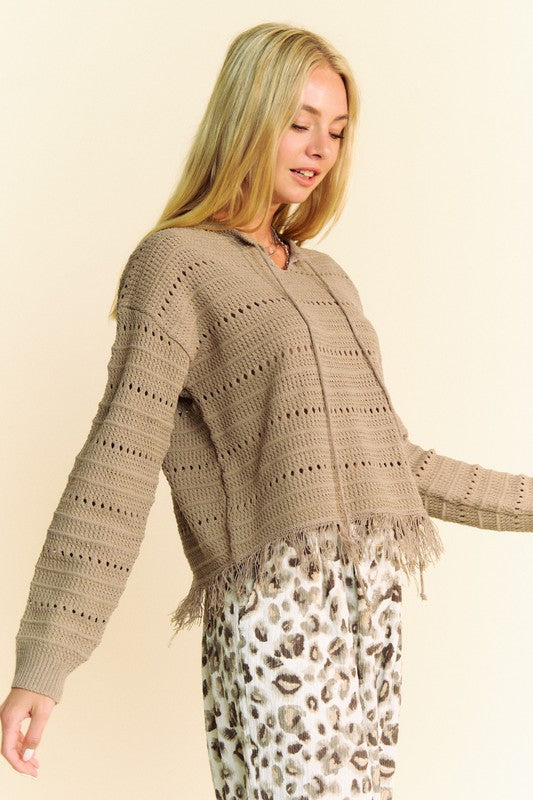 Davi & Dani Fringe Hem Openwork Drop Shoulder Knit Top - Classique Collection