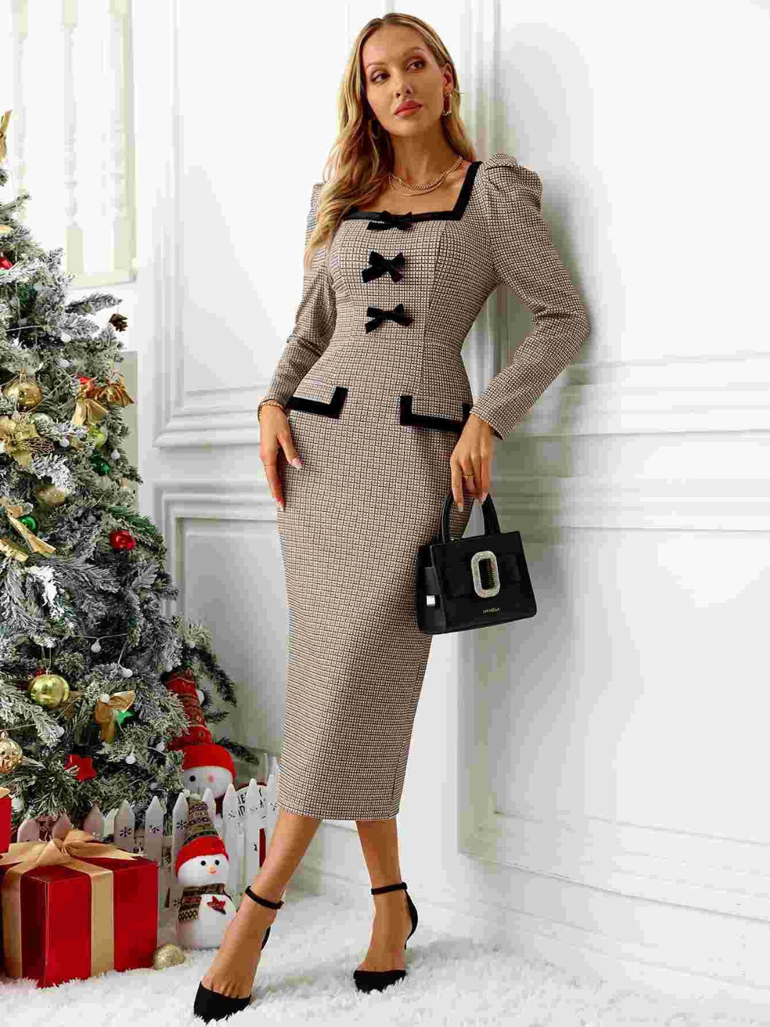 Bow Plaid Square Neck Puff Sleeve Dress - Classique Collection