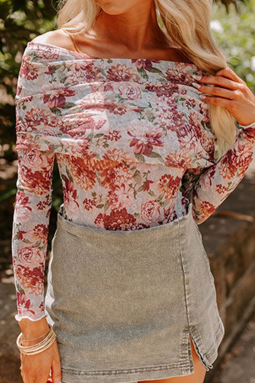 Floral Off-Shoulder Long Sleeve Bodysuit - Classique Collection