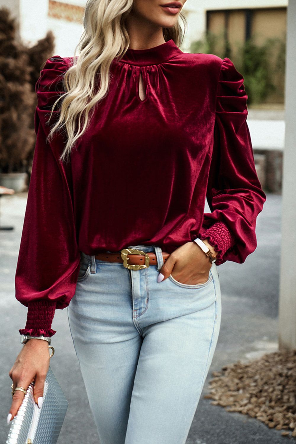Tie Up Mock Neck Velvet Fabric Long Sleeve Blouse - Classique Collection