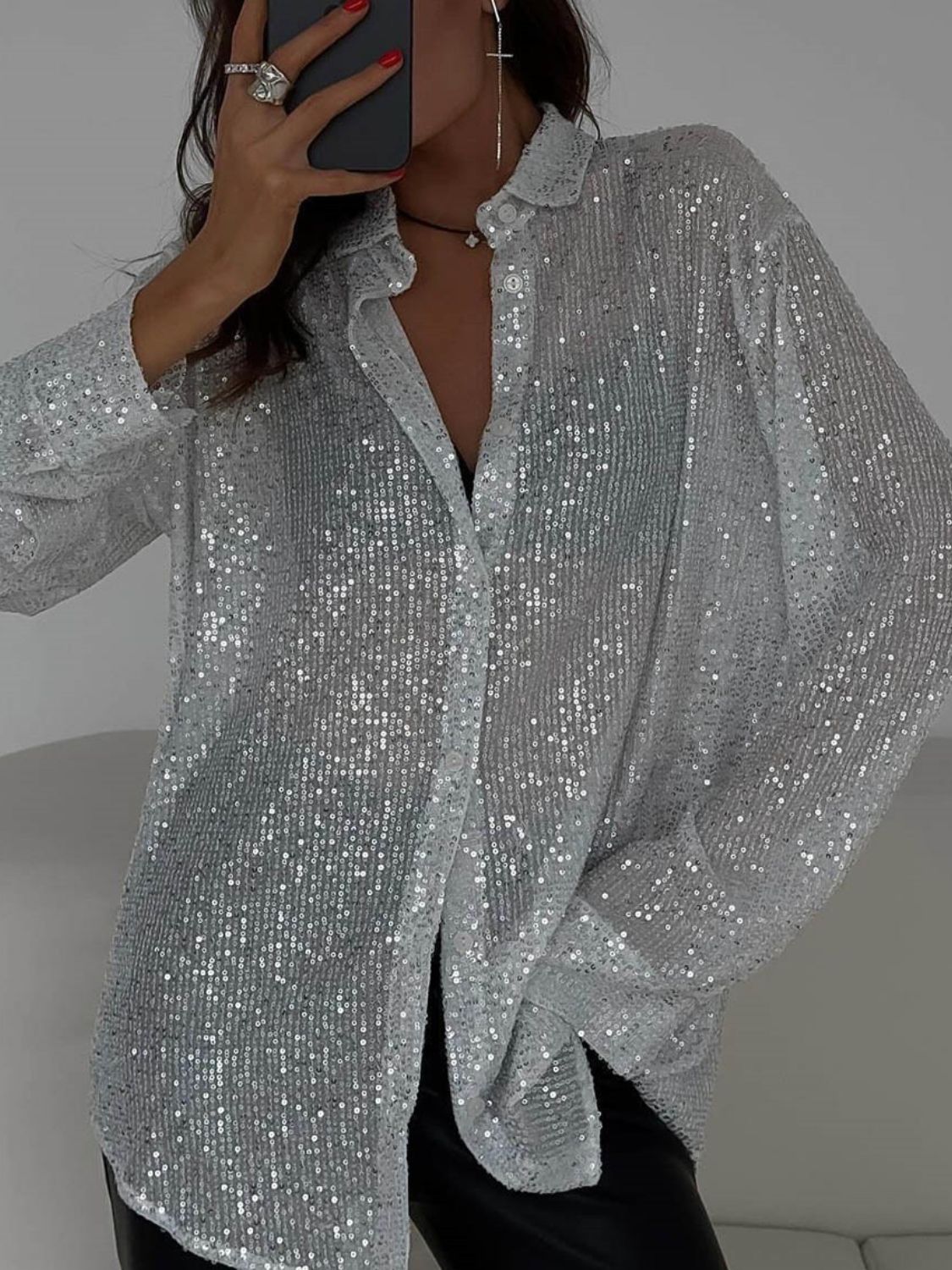 Sequin Button Up Long Sleeve Shirt - Classique Collection