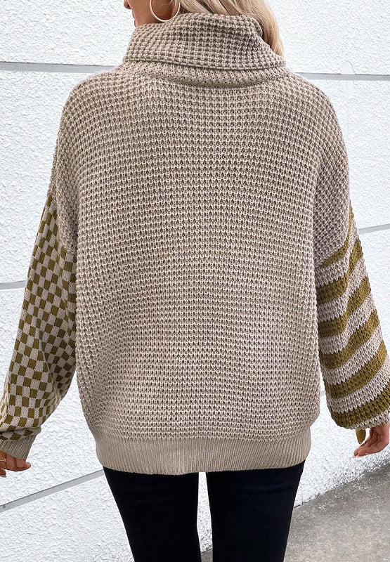 Striped & Checkered Turtleneck Dropped Shoulder Sweater - ClassiQ