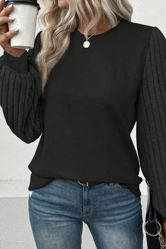 Ribbed Round Neck Long Sleeve Knit Top - Classique Collection
