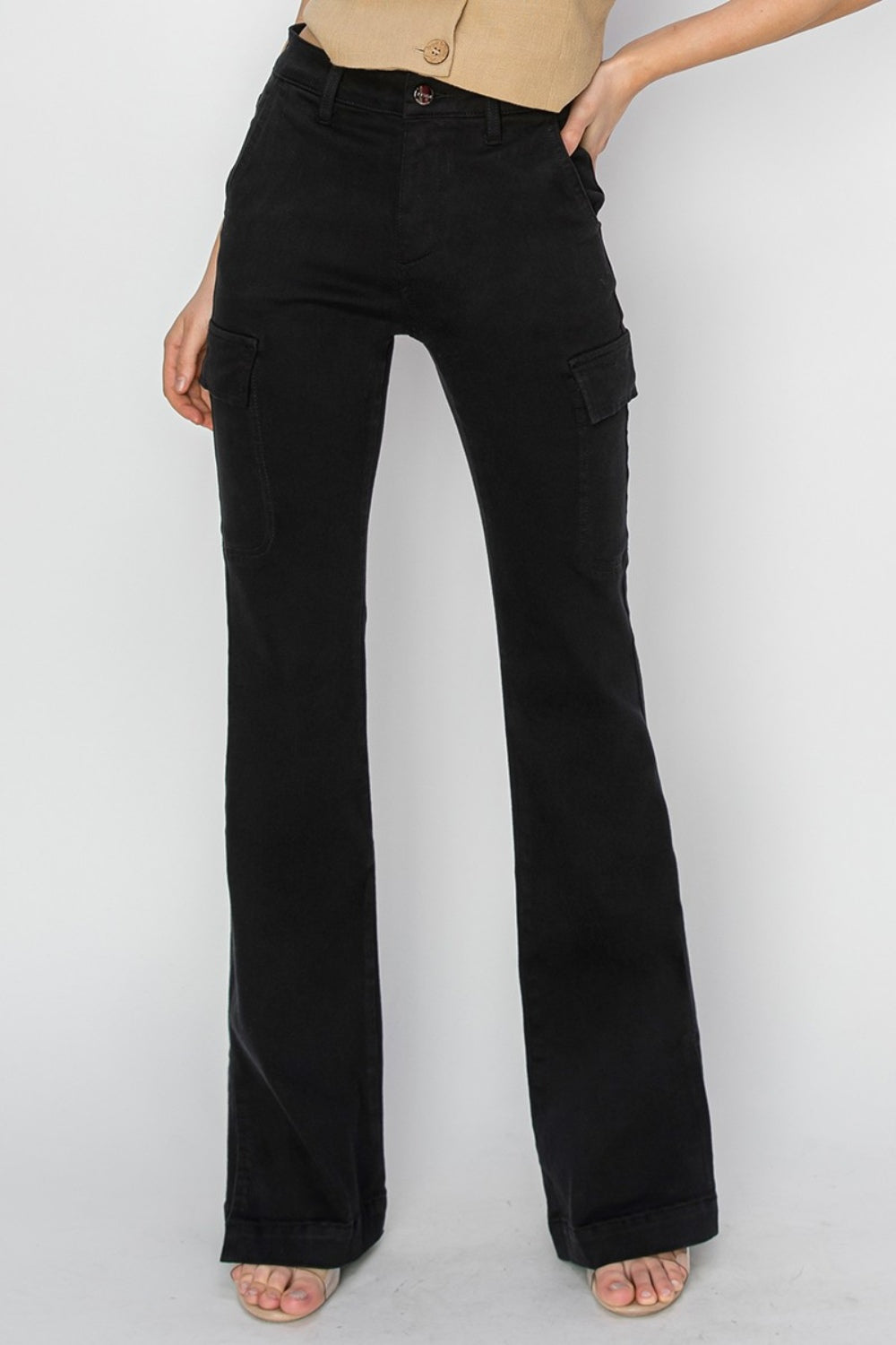 RISEN Full Size High Rise Side Slit Cargo Bootcut Jeans - Classique Collection