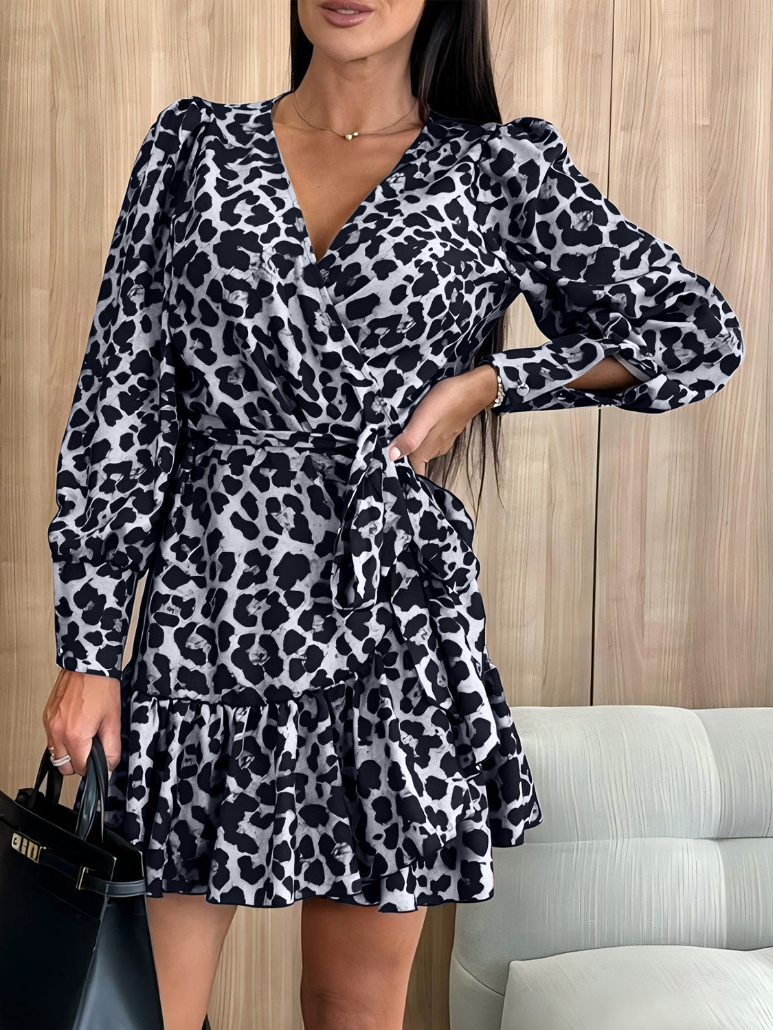 Tied Leopard Surplice Long Sleeve Dress - Classique Collection