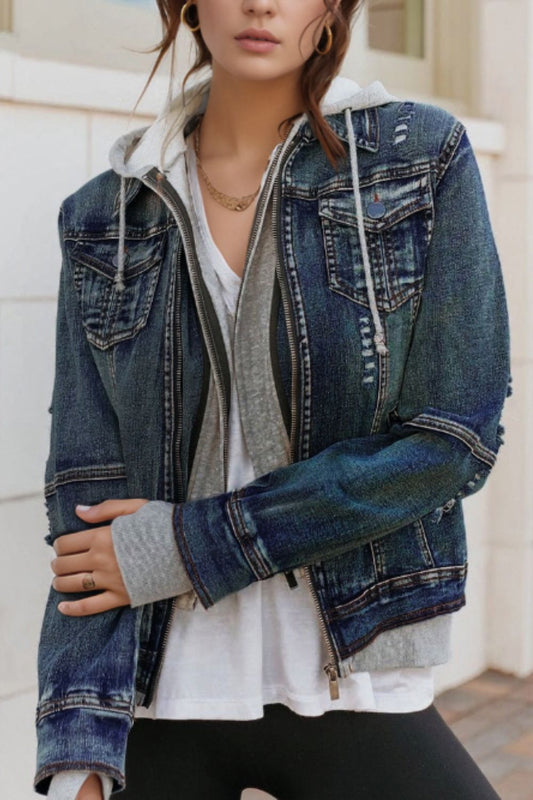 Fake Two-Piece Hooded Zip-Up Denim Jacket - Classique Collection