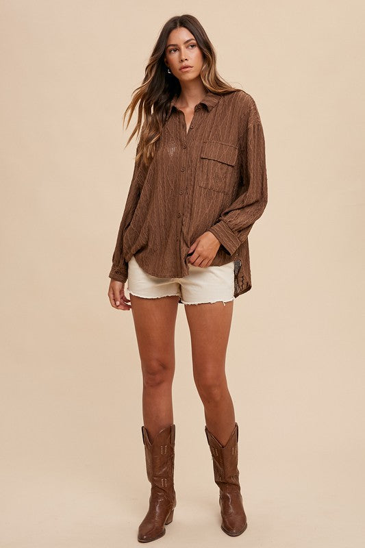 Annie Wear Openwork Button Down Drop Shoulder Shirt - ClassiQ