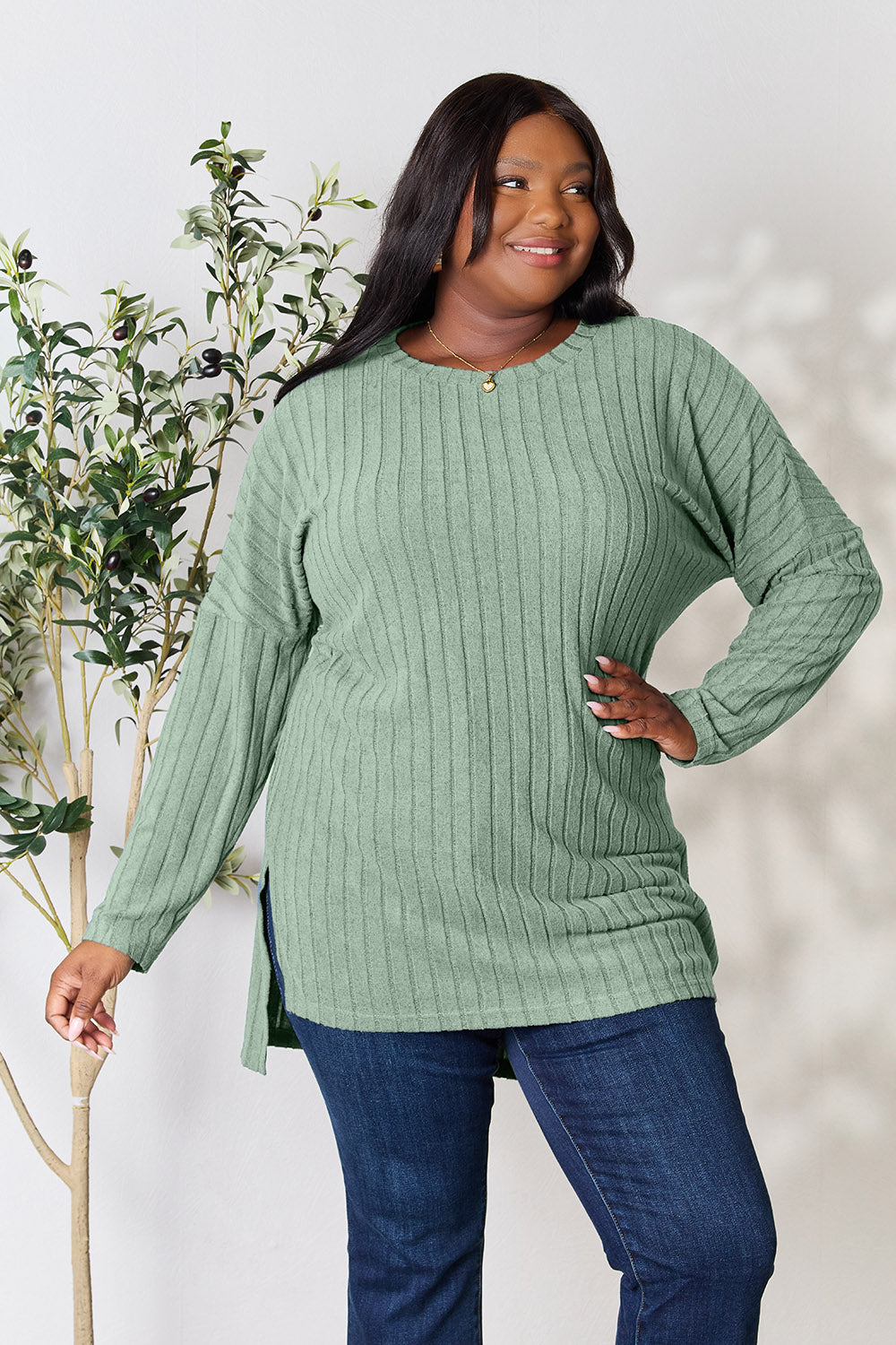 Basic Bae Full Size Ribbed Round Neck Long Sleeve Slit Top - Classique Collection