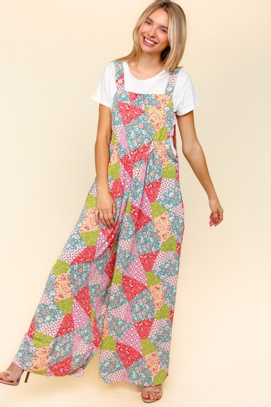 Haptics Full Size Printed Wide Leg Overalls with Side Pockets - Classique Collection