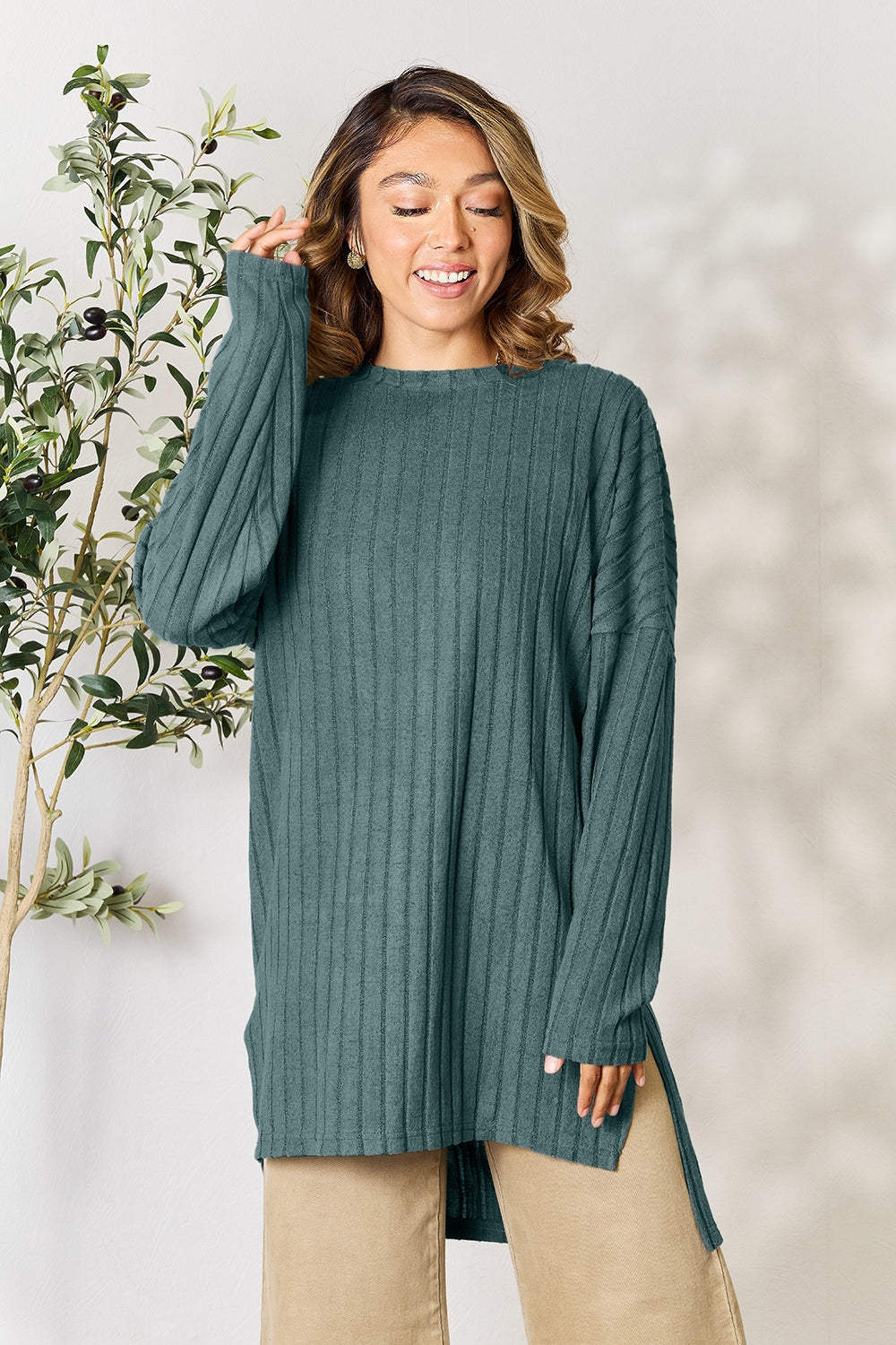 Basic Bae Full Size Ribbed Round Neck Long Sleeve Slit Top - Classique Collection