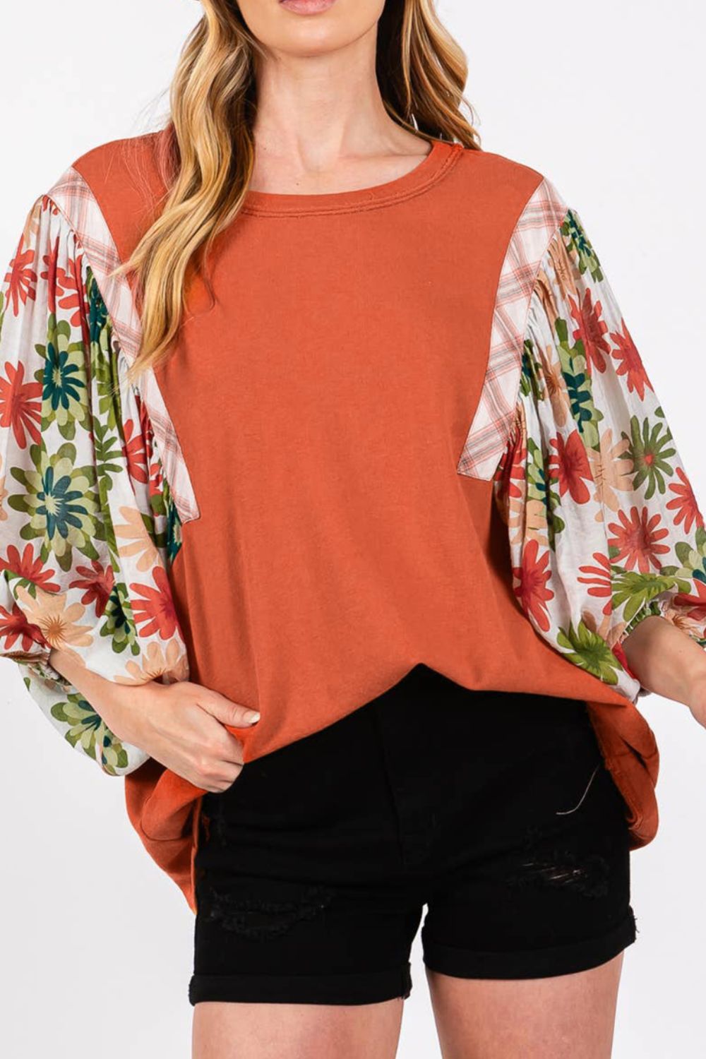 Printed Round Neck Balloon Sleeve Blouse - Classique Collection