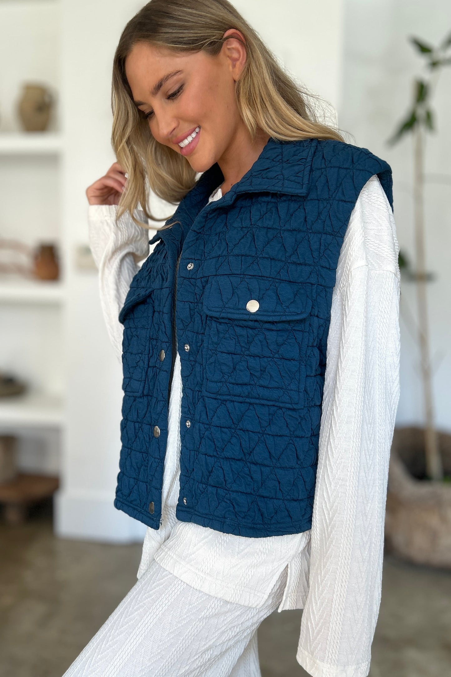 Double Take Full Size Pocketed Texture Snap Down Vest Coat - Classique Collection