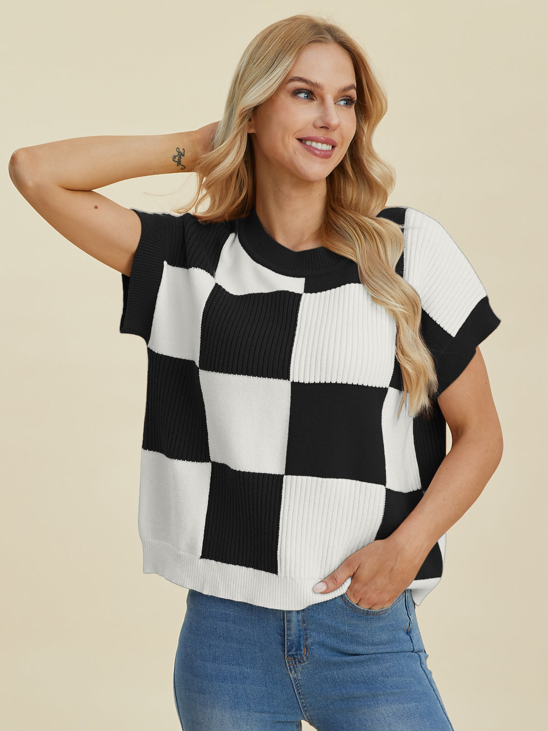 Double Take Full Size Checkered Round Neck Short Sleeve Sweater - ClassiQ