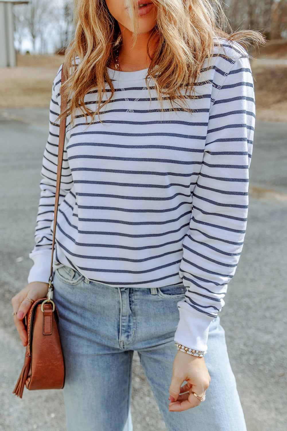 Striped Long Sleeve Round Neck Top - ClassiQ
