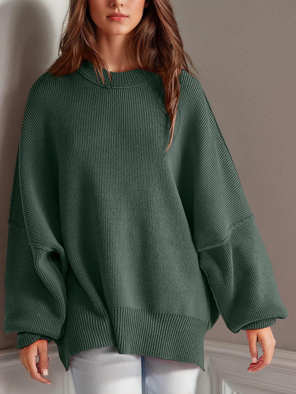Double Take Side Slit Round Neck Long Sleeve Sweater - ClassiQ