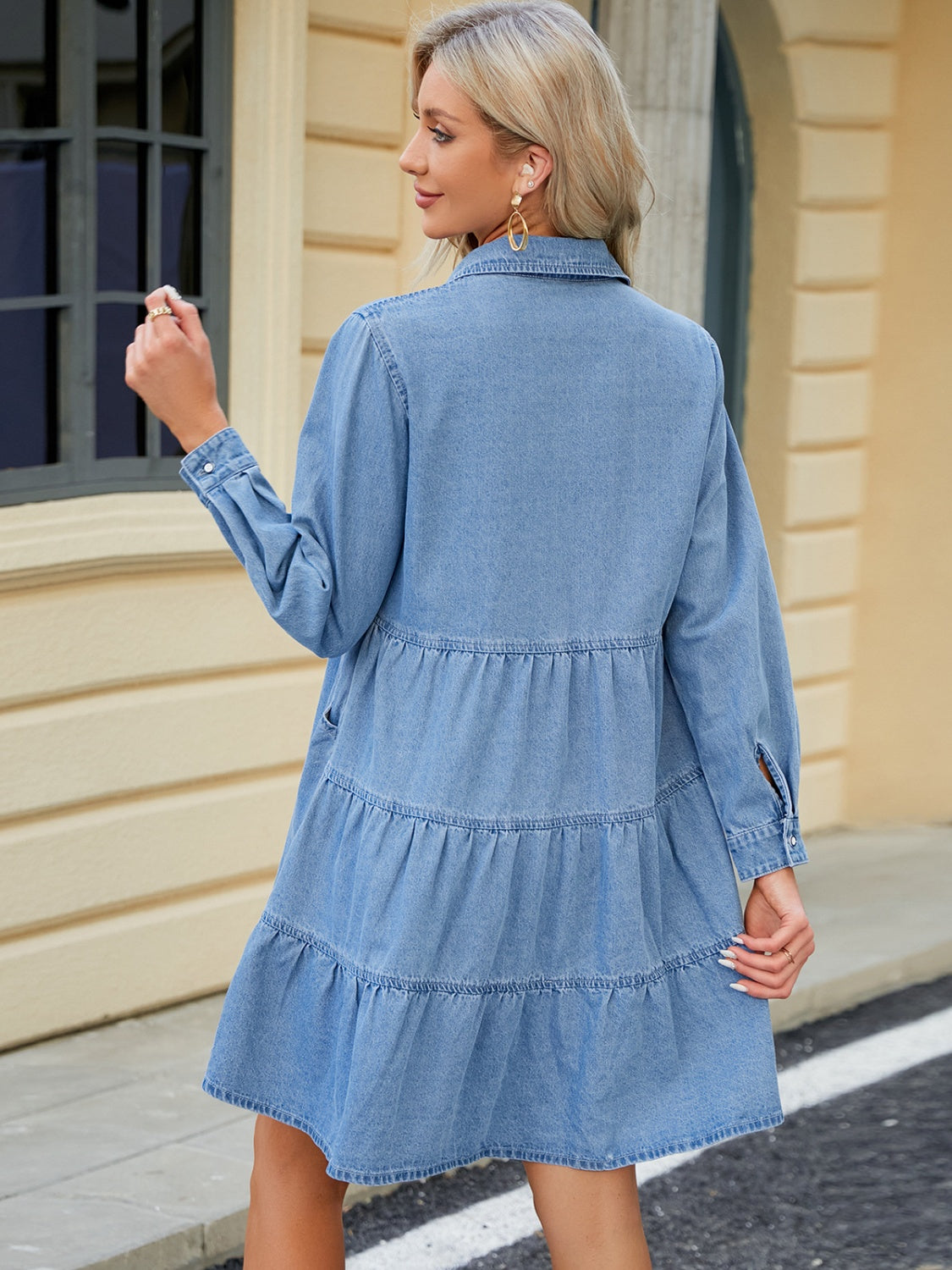 Tiered Button Up Long Sleeve Denim Dress - Classique Collection
