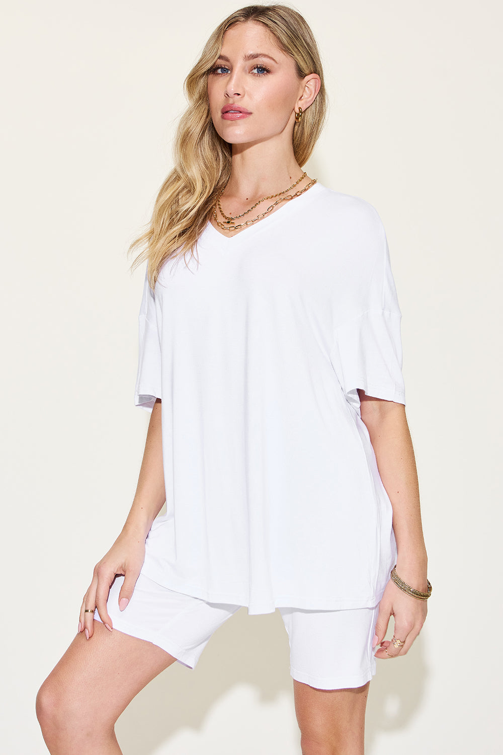 Basic Bae Full Size V-Neck Drop Shoulder T-Shirt and Shorts Set - ClassiQ