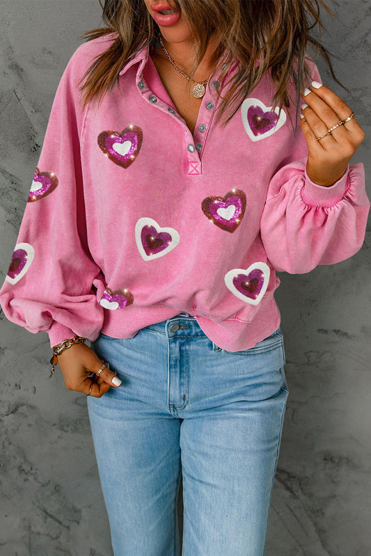 Heart Sequin Half Snap Mineral Wash Sweatshirt - ClassiQ