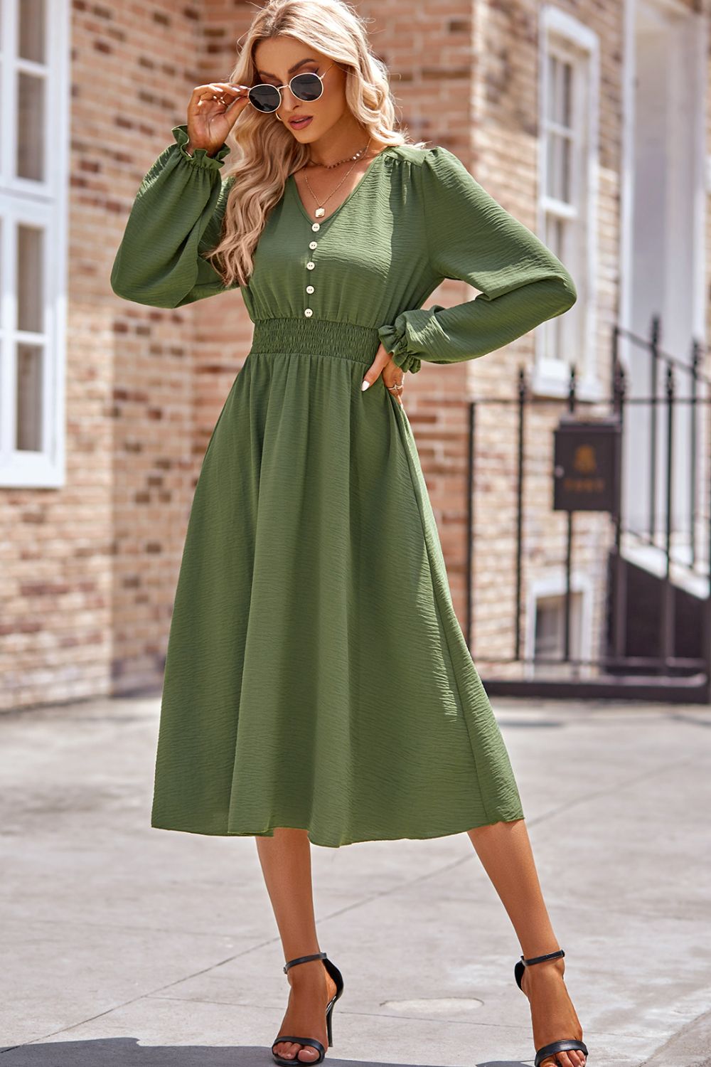 Smocked V-Neck Flounce Sleeve Midi Dress - Classique Collection
