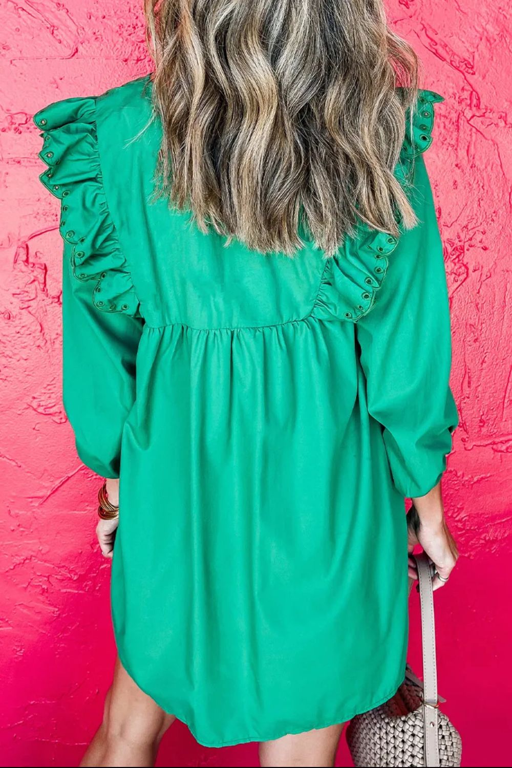 Embroidered Ruffled Notched Three-Quarter Sleeve Dress - Classique Collection