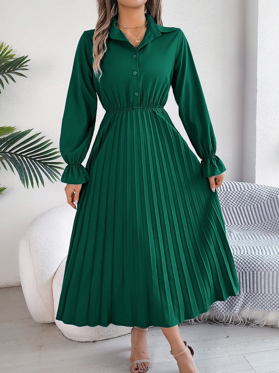 Pleated Half Button Long Sleeve Midi Dress - Classique Collection