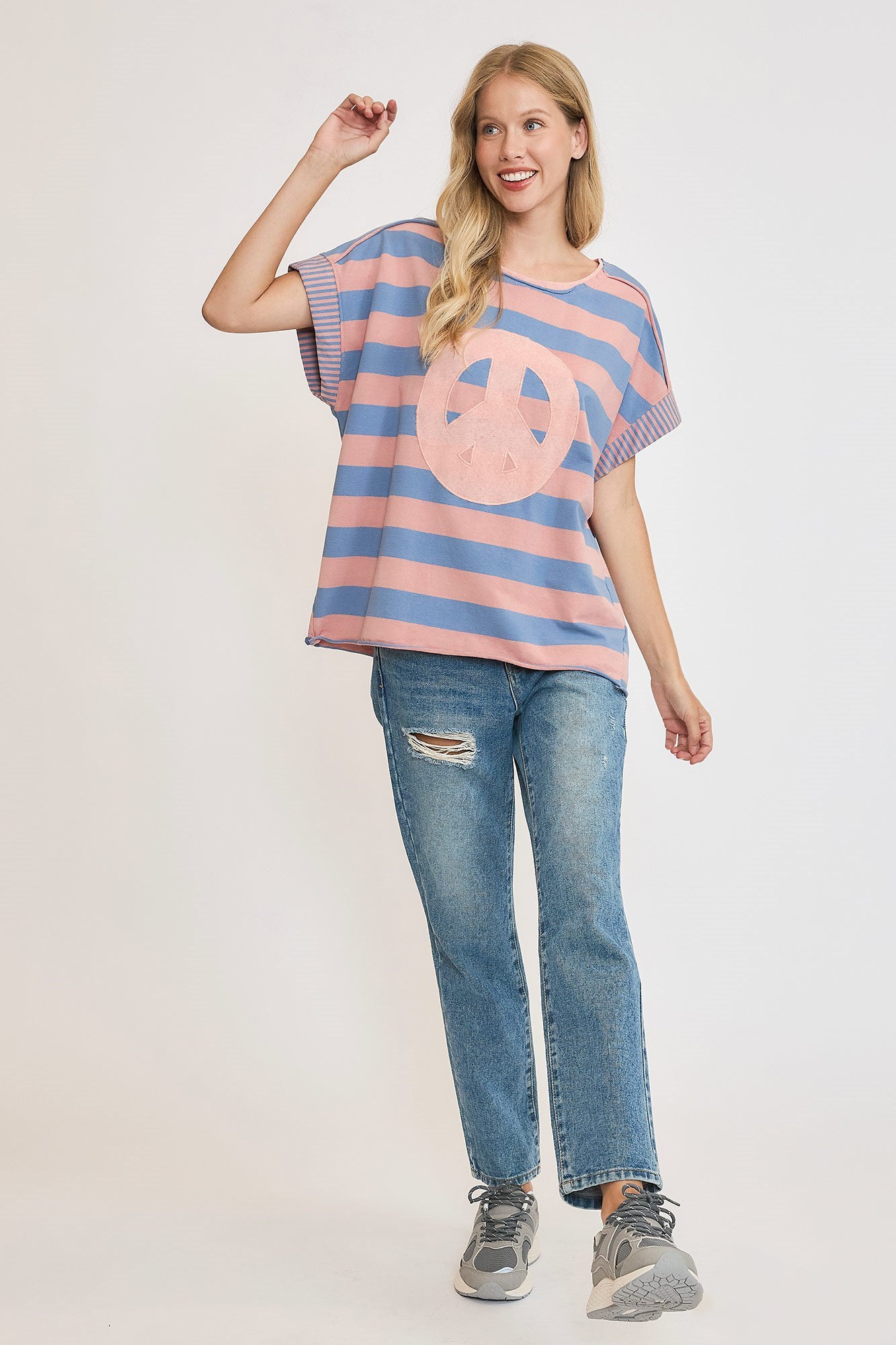 Umgee Peace Sign Patch Striped French Terry T-Shirt - Classique Collection