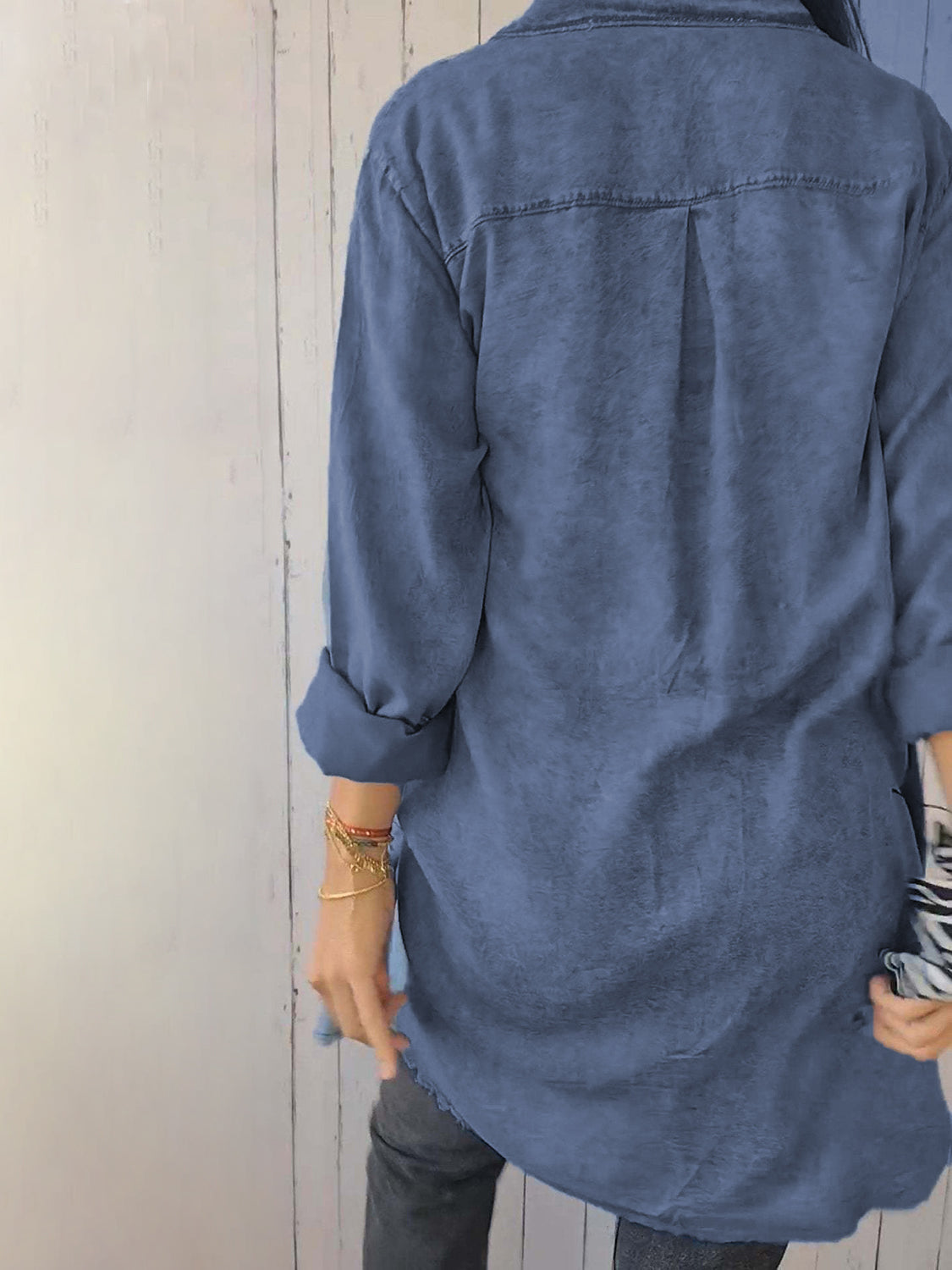 Full Size Raw Hem Button Up Long Sleeve Denim Top Plus Size - Classique Collection