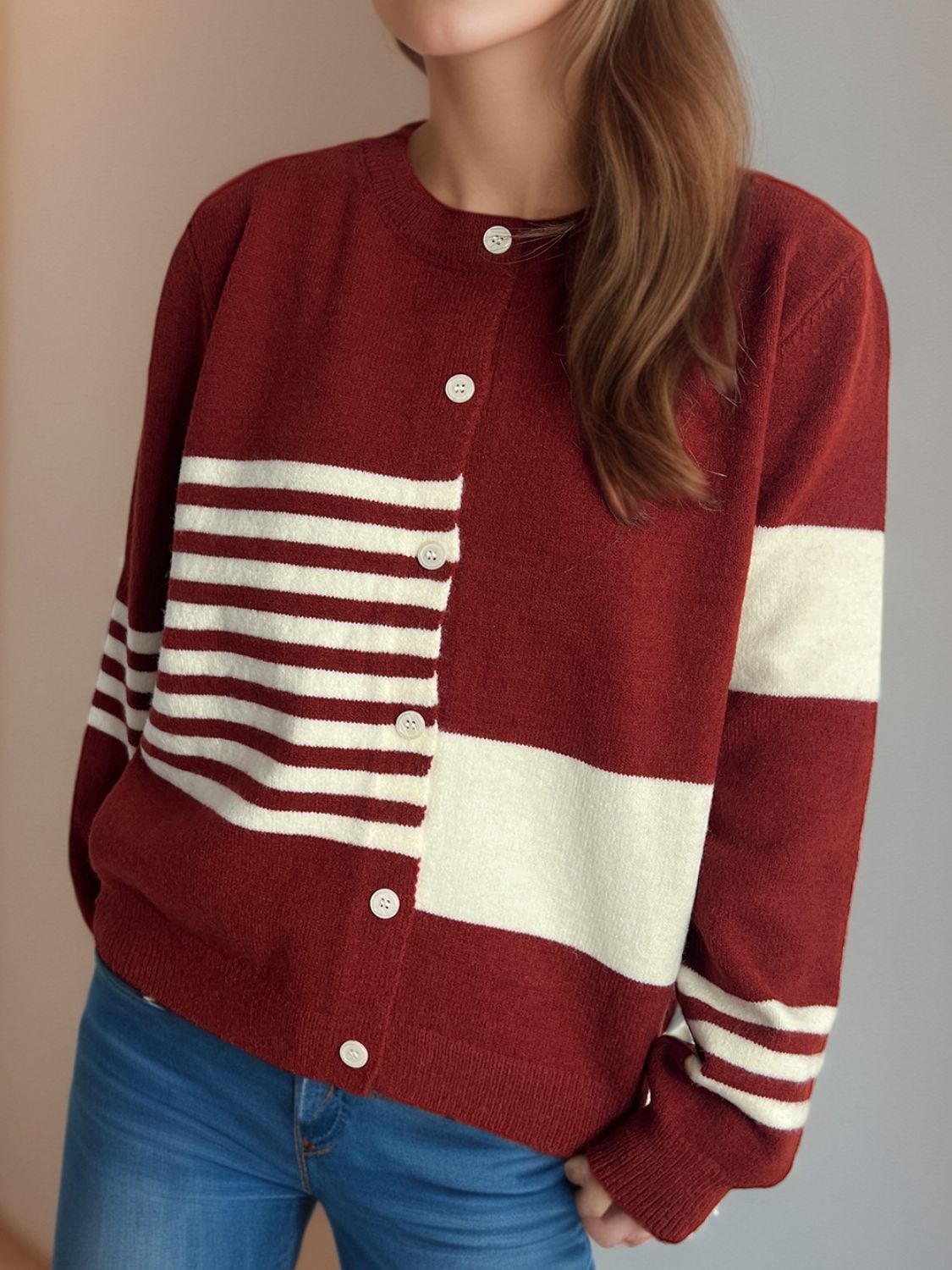 Striped Color Block Round Neck Cardigan - Classique Collection