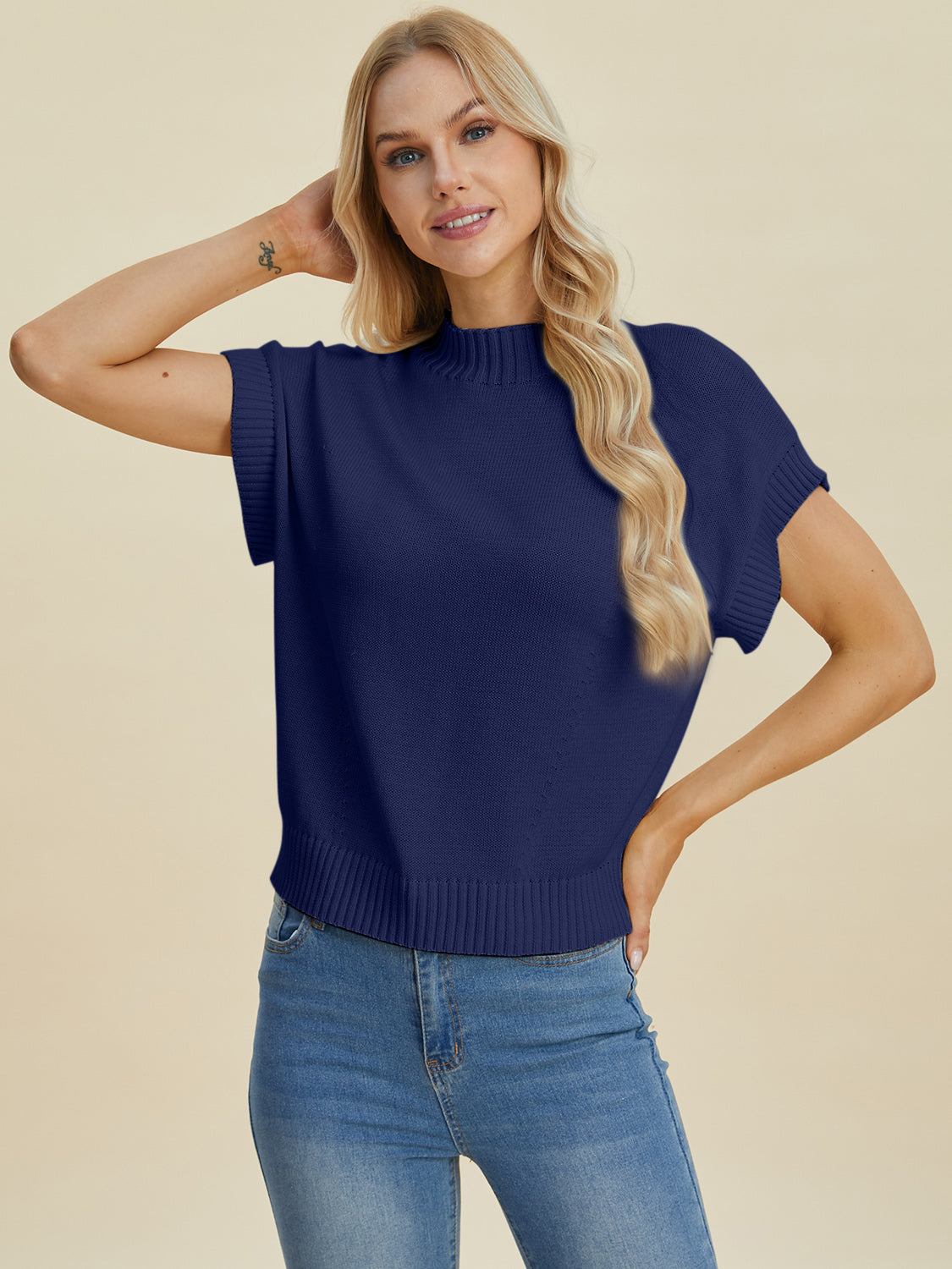 Double Take Full Size Mock Neck Short Sleeve Sweater - ClassiQ